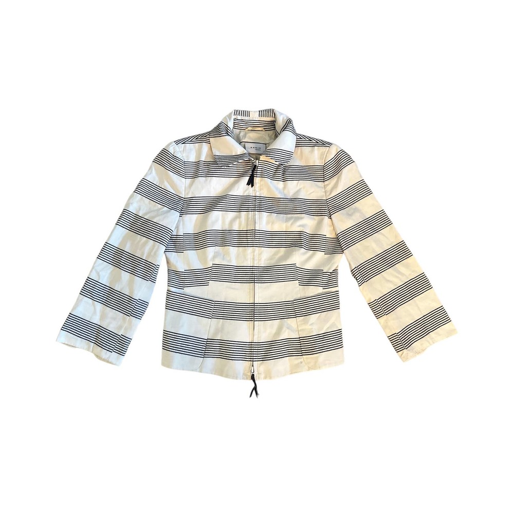 Women 6 Akris Punto Full Zip White Black Embroidered Stripe Jacket Coat Cotton